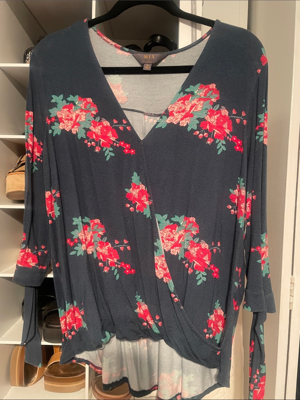 Mix Navy Floral Wrap Blouse with Red & Green Print